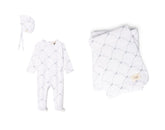 BEBE BELLA 3PC ROCKING HORSE PRINT FOOTIE, BONNET & SWADDLE SET